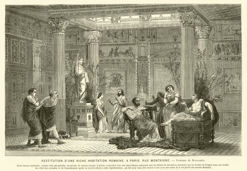 Varakkaan roomalaisen talon jälleenrakennus, Rue Montaigne, Pariisi, Ranska (kaiverrus) tekijältä Gustave Clarence Rodolphe Boulanger