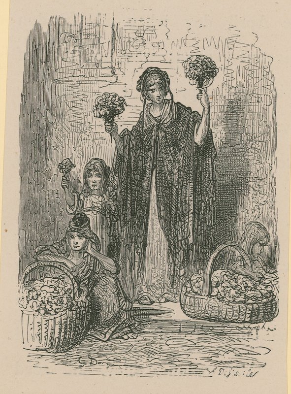 Ryhmä nuoria naisia, jotka myyvät kukkia koreista tekijältä Gustave Dore