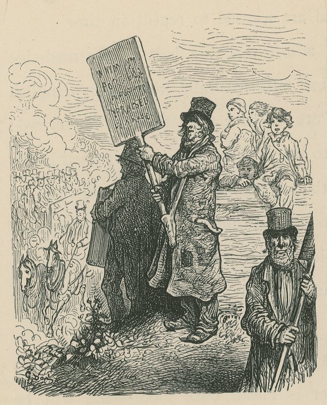 Mies pitelee kylttiä mielenosoituksissa tekijältä Gustave Dore