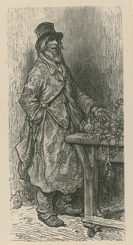 Mies myy tavaroitaan myyntikojussaan. tekijältä Gustave Dore