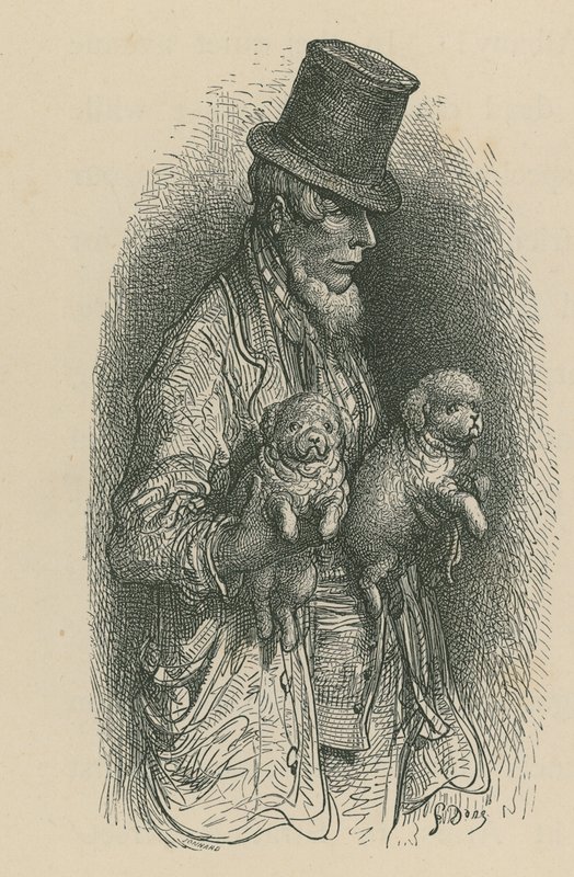Mies silinterihattua pitäen kaksi koiraa käsissään tekijältä Gustave Dore