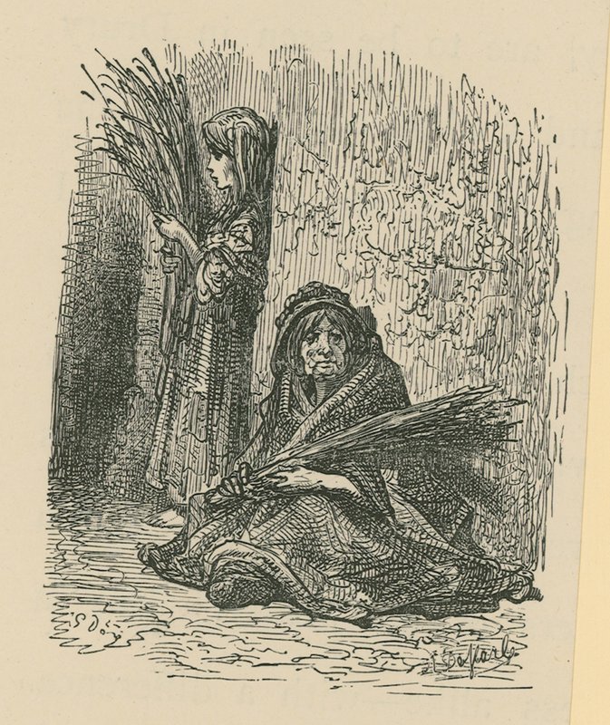 Nainen ja nuori tyttö myyvät kuivia kukkia tekijältä Gustave Dore