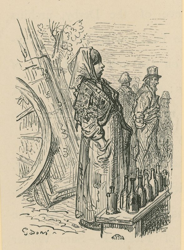 Nainen myy lasipulloja tekijältä Gustave Dore