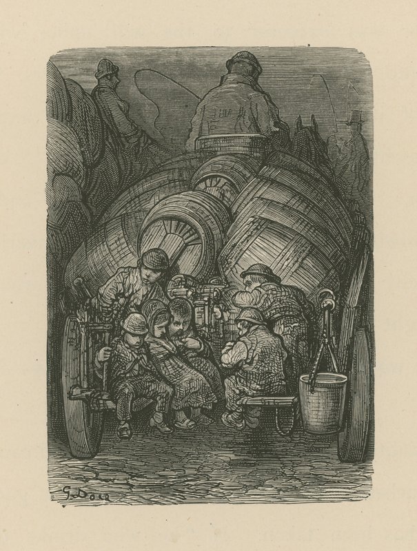 Lapset istuvat panimon toimituskärryjen takana tekijältä Gustave Dore