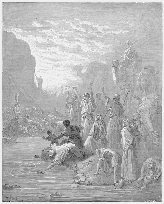 Gustave Dore Raamattu: Mooses iskee kallioon Horebissa tekijältä Gustave Dore