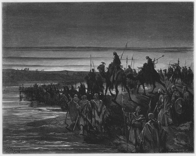 Gustave Dore Raamattu: Israelin lapset ylittämässä Jordania tekijältä Gustave Dore