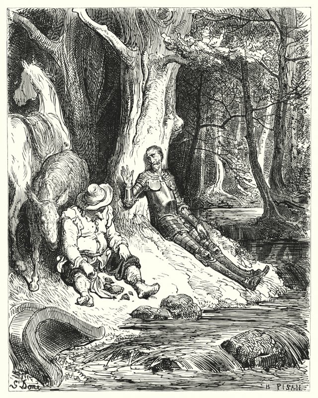 Gustave Doren Don Quijote: "Kirkas suihkulähde, jonka Don Quijote ja Sancho löysivät vehreiden puiden joukosta, virkistytti heitä" (kaiverrus) tekijältä Gustave Dore