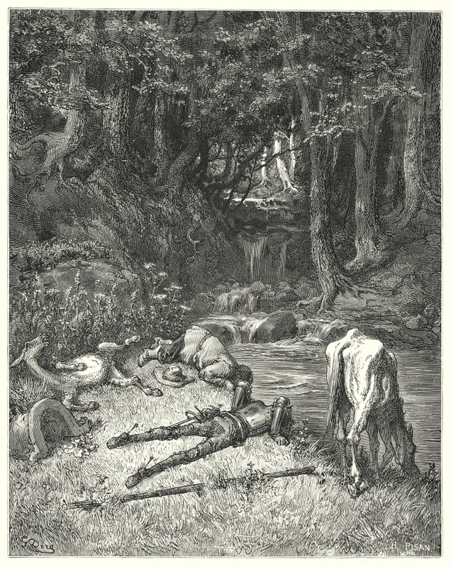 Gustave Doren Don Quijote: "Niitty, joen kastellaan, kutsui heidät laskeutumaan" (kaiverrus) tekijältä Gustave Dore
