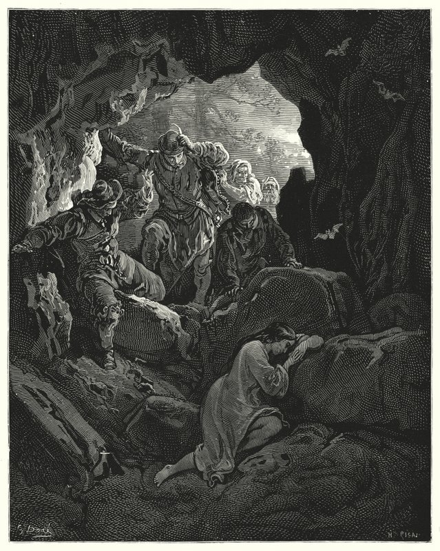 Gustave Doren Don Quijote: "Seurueet upseerien kanssa lähetetään ... jotka löytävät köyhän Leandran yhden vuoren luolasta" (kaiverrus) tekijältä Gustave Dore