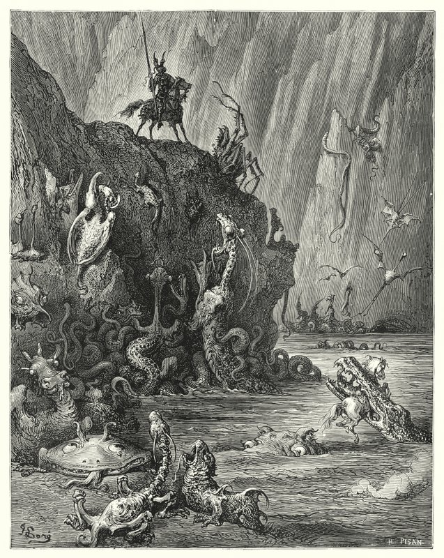 Gustave Doren Don Quijote: "Laaja kiehuva järvi, jossa ääretön joukko rajuja ja kauheita olentoja kulkee edestakaisin" (kaiverrus) tekijältä Gustave Dore