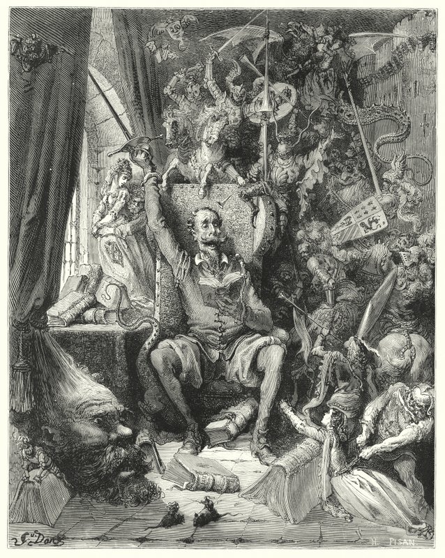Gustave Doren Don Quijote: "Hänen kirjoistaan poimittujen, hänen mielikuvitukseensa tiivistettyjen järjettömien käsitysten maailma" (kaiverrus) tekijältä Gustave Dore