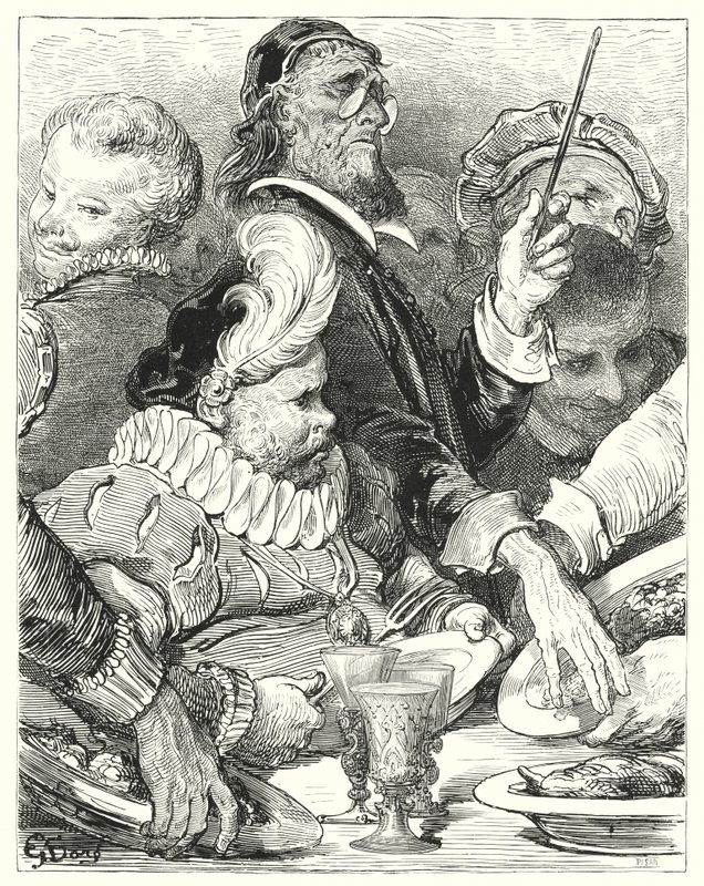Gustave Doren Don Quijote: "Absit!" huusi lääkäri" (kaiverrus) tekijältä Gustave Dore