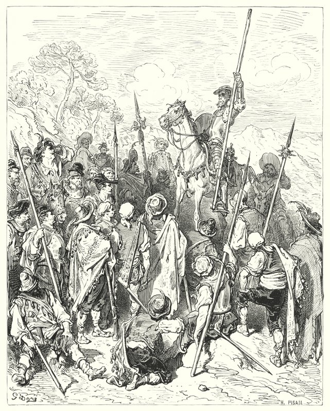 Gustave Doren Don Quijote: "Aselainsäädäntöjen mukaan te todella vahingoitat itseäsi, kun ajattelette itseänne loukatuiksi" (kaiverrus) tekijältä Gustave Dore