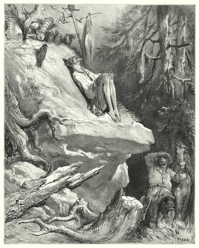 Gustave Doren Don Quijote: "Voi!" Sancho vastasi: "Löysin hänet paidassaan laihana, kalpeana ja melkein nälkäisenä, huokaisen Lady Dulcineaansa" (kaiverrus) tekijältä Gustave Dore