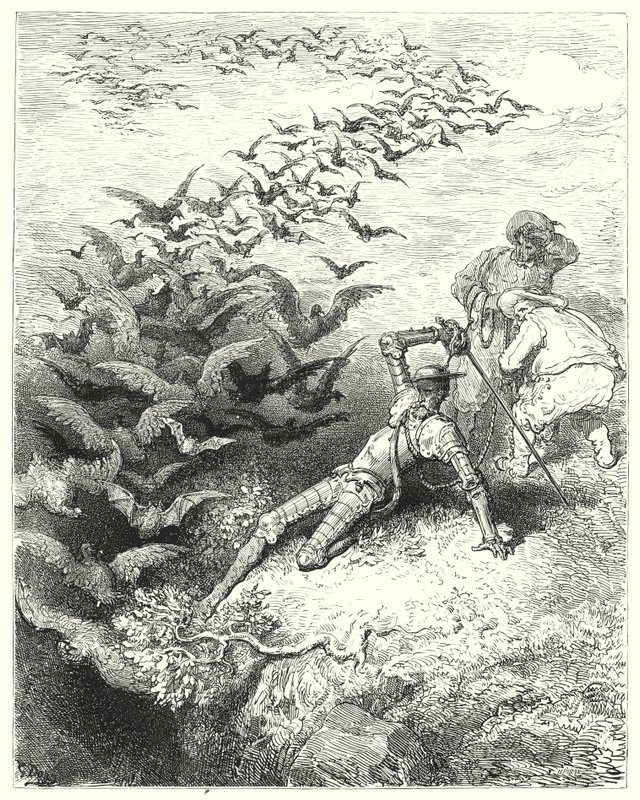 Gustave Doren Don Quijote: "Luolasta tuli ääretön määrä umpeen kasvaneita variksia ja aarteita ryntäen ja lepaten ulos luolasta" (kaiverrus) tekijältä Gustave Dore