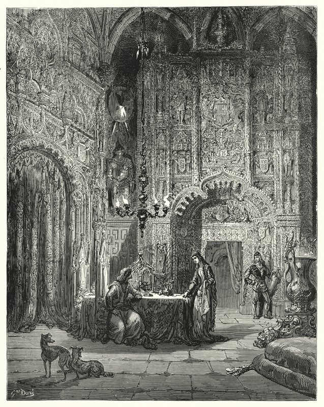 Gustave Doren Don Quijote: "Toinen neito tulee huoneeseen ja alkaa kertoa hänelle, mikä linna se on ja kuinka hän on lumoutunut siihen" (kaiverrus) tekijältä Gustave Dore