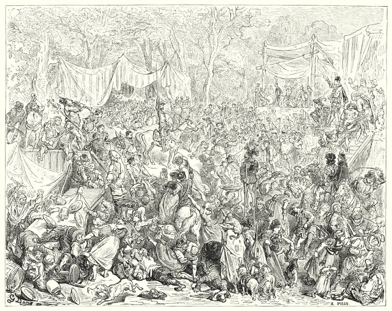 Gustave Doren Don Quijote: "Don Quijoten saapuminen Camachon ja Quiterian häihin" (kaiverrus) tekijältä Gustave Dore