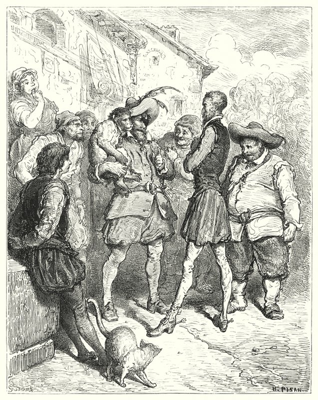 Gustave Doren Don Quijote: "Näistä sanoista Don Quijote hämmästyi" (kaiverrus) tekijältä Gustave Dore