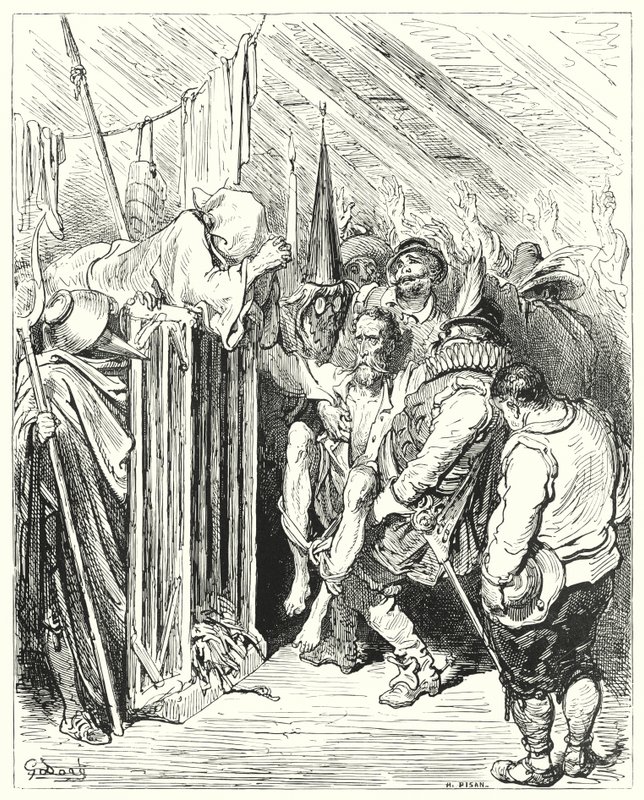 Gustave Doren Don Quijote: "Älä ole kärsimätön, oi surkean hahmon ritari, vankeudessasi" (kaiverrus) tekijältä Gustave Dore