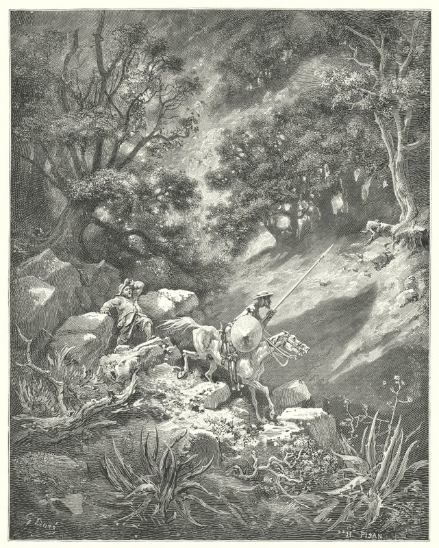 Gustave Doren Don Quijote: "Mutta rukoilkaa, herra", sanoi Sancho, "onko se hyvä ritarillisuuden laki, joka sanoo, että meidän tulee vaeltaa ylös ja alas, yli pensaiden ja harsojen, tässä kallioisessa erämaassa?" (kaiverrus) tekijältä Gustave Dore