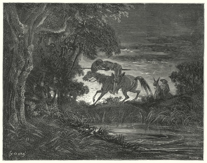 Gustave Doren Don Quijote: "Don Quijote hyppäsi hänen pelottoman sydämensä kanssa Rozinanteen kimppuun" (kaiverrus) tekijältä Gustave Dore