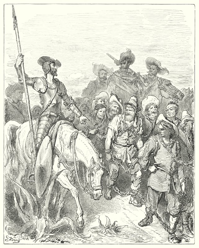 Gustave Doren Don Quijote: "Don Quijote kysyi ensimmäiseltä, mitä rikoksia hän oli näissä kurjissa olosuhteissa" (kaiverrus) tekijältä Gustave Dore