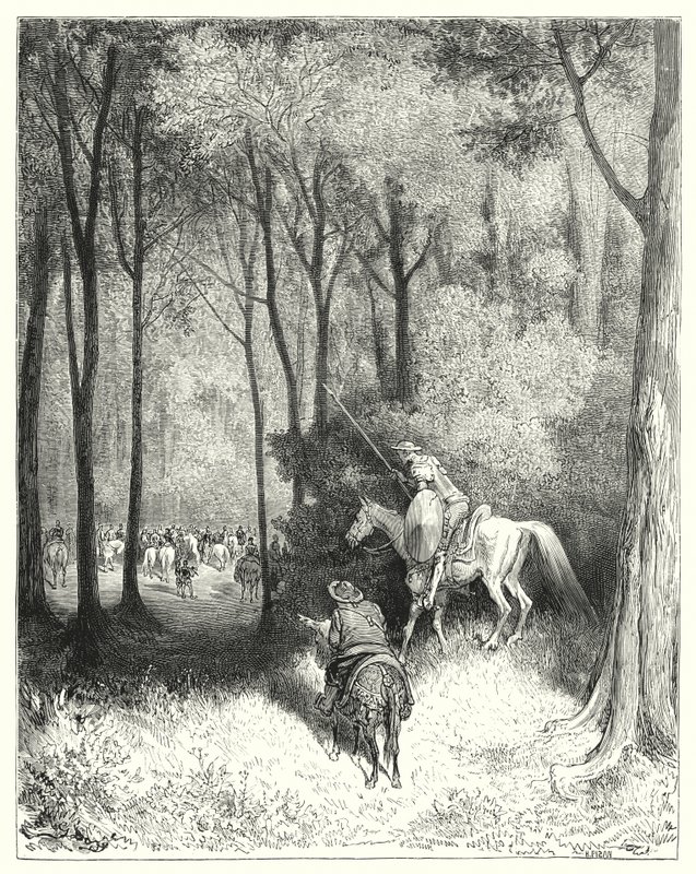 Gustave Doren Don Quijote: "Don Quijote kuvaili yritystä, jonka hän katsoi lähemmin laadukkaiksi henkilöiksi" (kaiverrus) tekijältä Gustave Dore