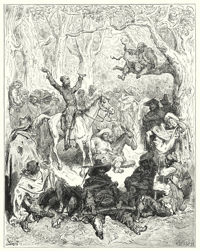 Gustave Doren Don Quijote: "Don Quijote, kiinnitetty Rozinanteen, joka vastustaa suuresti heidän elämäntapaansa" (kaiverrus) tekijältä Gustave Dore