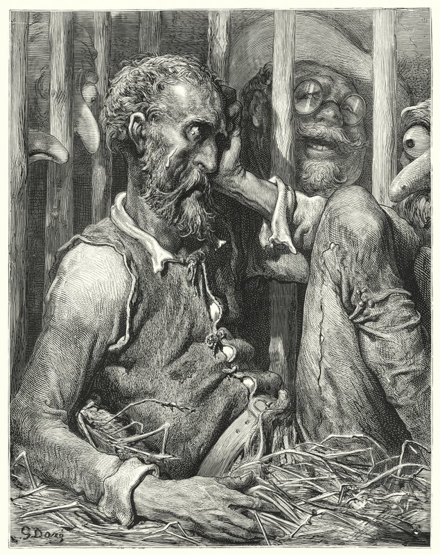 Gustave Doren Don Quijote: "Don Quijote ei ollut niinkään hämmästynyt lumoamisestaan kuin sen tavasta" (kaiverrus) tekijältä Gustave Dore