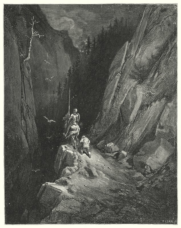 Gustave Doren Don Quijote: "Don Quijote kuljetettiin ilolla löytääkseen itsensä sieltä, missä hän saattoi imartella kunnianhimoaan uusien seikkailujen toiveilla" (kaiverrus) tekijältä Gustave Dore