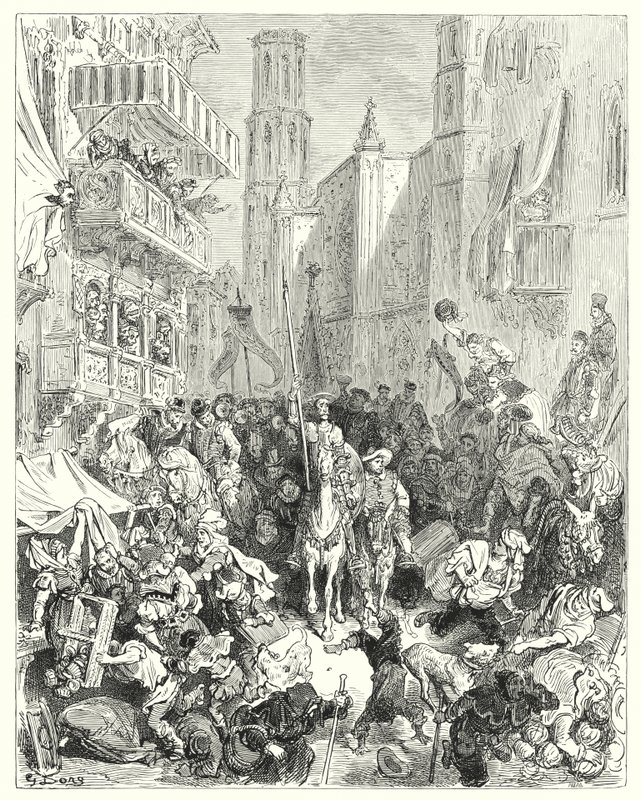 Gustave Doren Don Quijote: "Kiinnittäessään hänet keskelle prikaatiaan he johdattivat hänet kohti kaupunkia" (kaiverrus) tekijältä Gustave Dore
