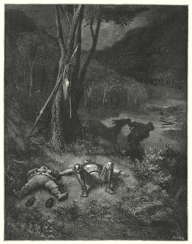 Gustave Doren Don Quijote: "Gines, joka oli vieras sekä kiitollisuudelle että ihmisyydelle, päätti ajaa pois Sanchon perseellä" (kaiverrus) tekijältä Gustave Dore