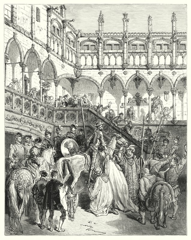 Gustave Doren Don Quijote: "Mene, suuri ja mahtava herra", he sanoivat, "ja auta rouva herttuattareni alas" (kaiverrus) tekijältä Gustave Dore
