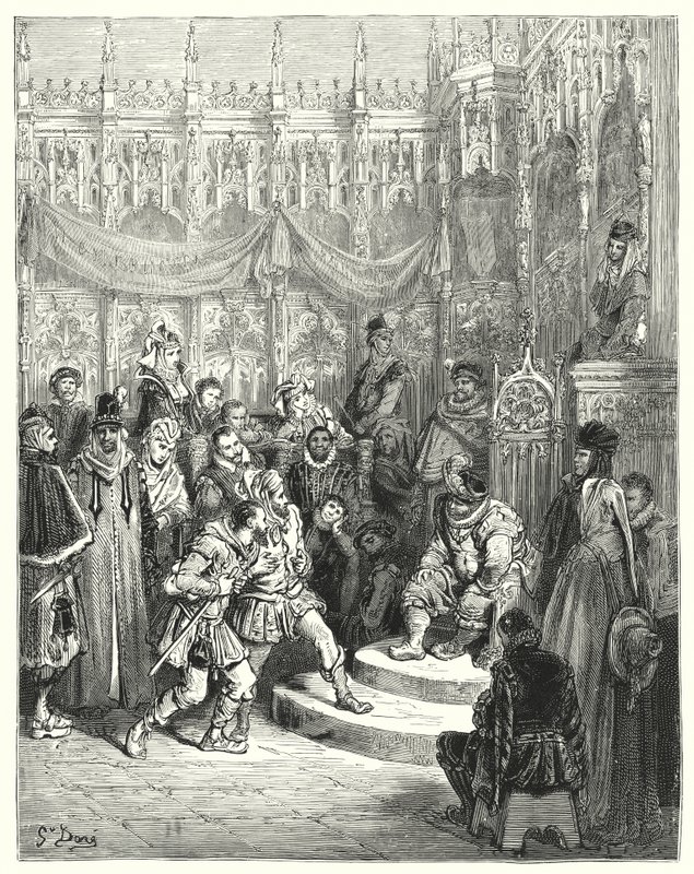 Gustave Doren Don Quijote: "Kuvernööri Sancho Panza jakaa oikeutta" (kaiverrus) tekijältä Gustave Dore
