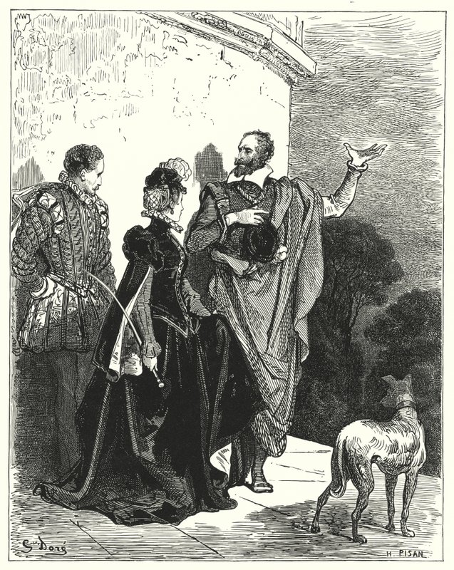 Gustave Doren Don Quijote: "Hän tutustutti herttuaan ja herttuattaren tunteisiinsa ja anoi heidän lupaa lähteä" (kaiverrus) tekijältä Gustave Dore