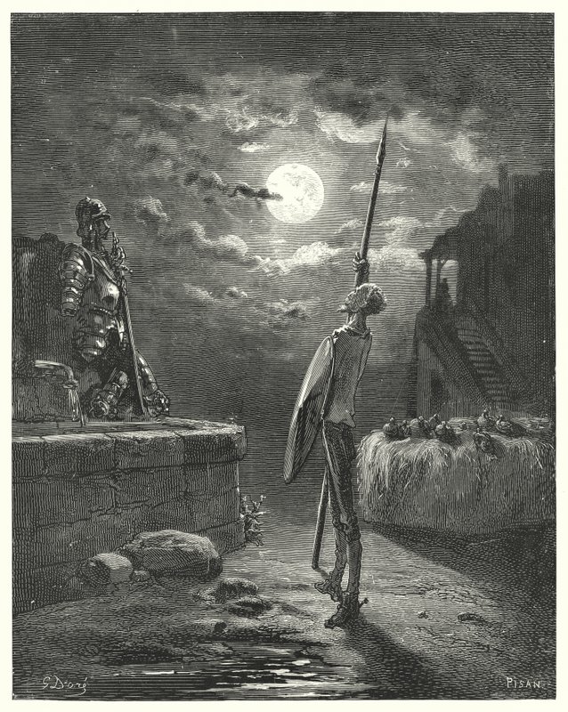 Gustave Doren Don Quijote: "Hän alkoi kävellä hevoskaukalon vieressä sirolla käytöksellä" (kaiverrus) tekijältä Gustave Dore