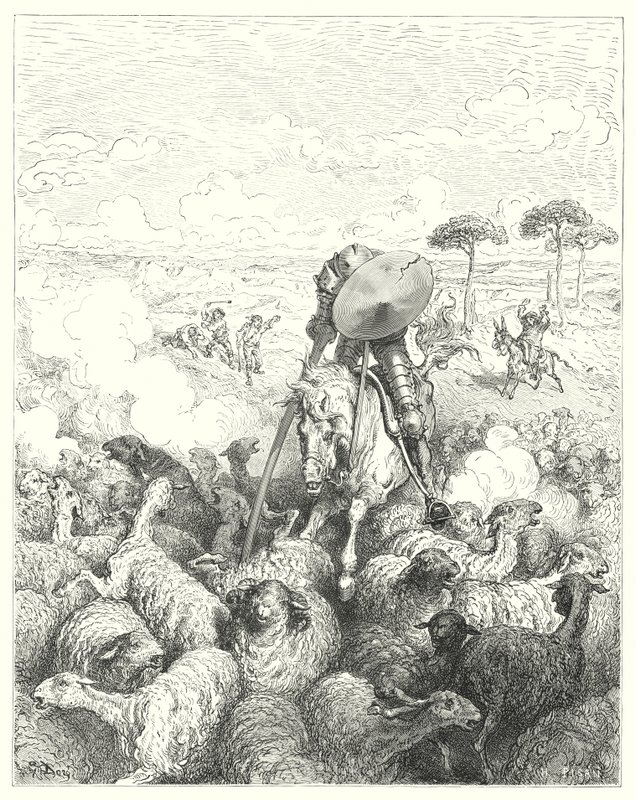 Gustave Doren Don Quijote: "Hän hyökkäsi lammaslentueen" (kaiverrus) tekijältä Gustave Dore