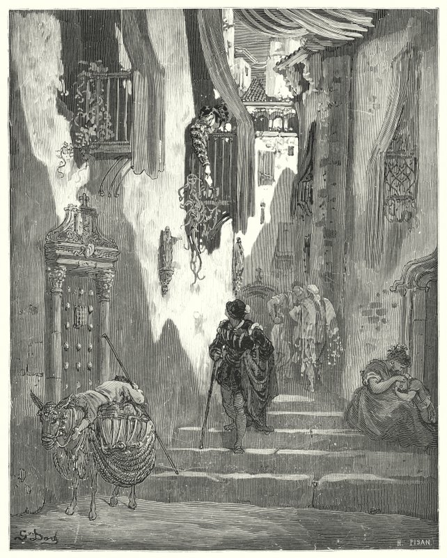 Gustave Doren Don Quijote: "Hän sai minulle joukon rakkauskirjeitä, joista jokainen oli täynnä herkimpiä ilmeitä" (kaiverrus) tekijältä Gustave Dore