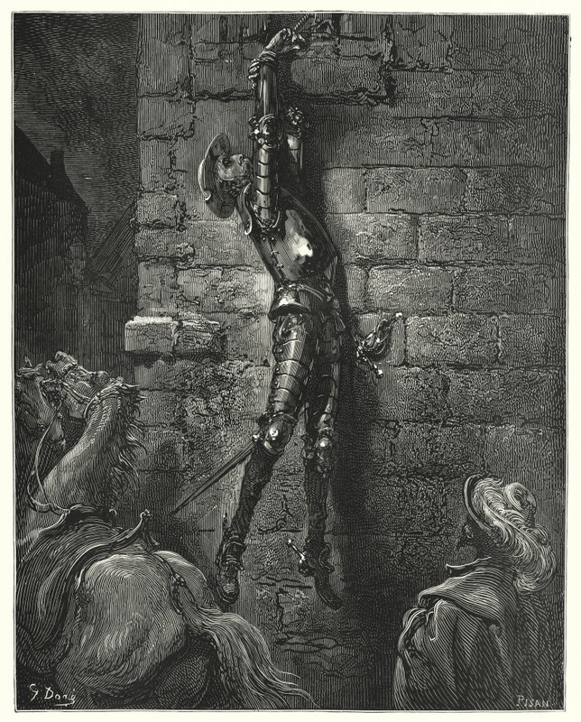 Gustave Doren Don Quijote: "Hän oli väistämättä pudonnut maahan, jos hänen ranteensa ei olisi ollut kunnolla kiinni köyteen" (kaiverrus) tekijältä Gustave Dore