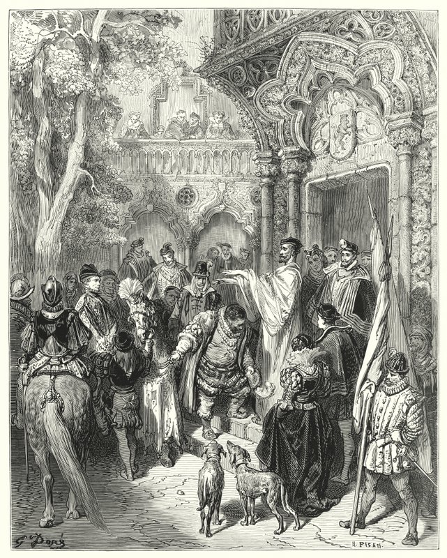Gustave Doren Don Quijote: "Hän suuteli herttua ja herttuattaren kättä erossa ja sai herransa siunauksen" (kaiverrus) tekijältä Gustave Dore