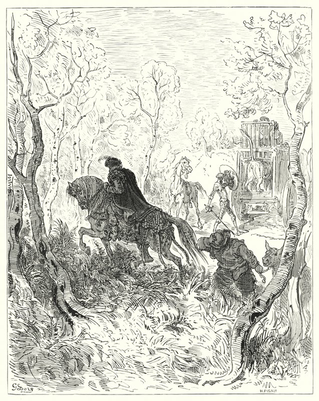 Gustave Doren Don Quijote: "Hän asettui juuri häkin oven eteen" (kaiverrus) tekijältä Gustave Dore