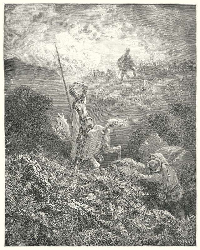 Gustave Doren Don Quijote: "Hän vakoili kivisen kallion huipulla juuri ennen häntä miestä, joka hyppäsi kalliolta kalliolle upealla ketteryydellä" (kaiverrus) tekijältä Gustave Dore