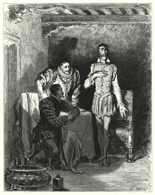 Gustave Doren Don Quijote: "Hän kertoi herroille koko tarinan hänen lumoutumisestaan" (kaiverrus) tekijältä Gustave Dore