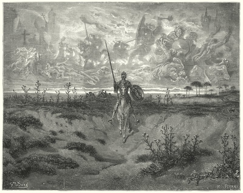 Gustave Doren Don Quijote: "Hän matkusti melkein koko sen päivän" (kaiverrus) tekijältä Gustave Dore