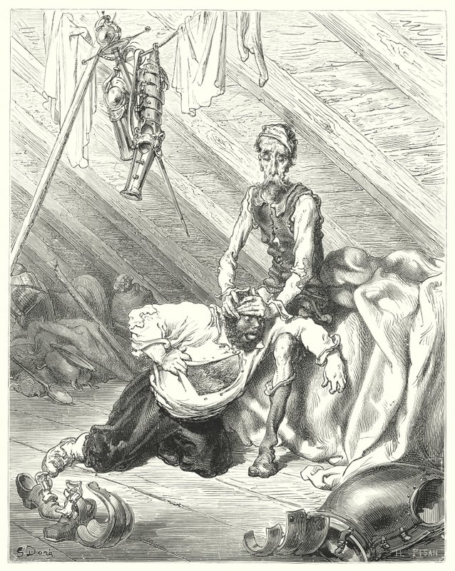 Gustave Doren Don Quijote: "Hän todella uskoi, että hänen viimeisen hetkensä oli tullut" (kaiverrus) tekijältä Gustave Dore