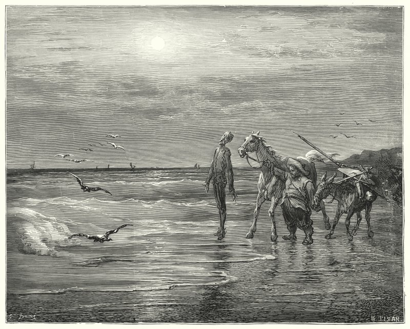 Gustave Doren Don Quijote: "Tähän putosi onneni, ei koskaan enää nouse" (kaiverrus) tekijältä Gustave Dore