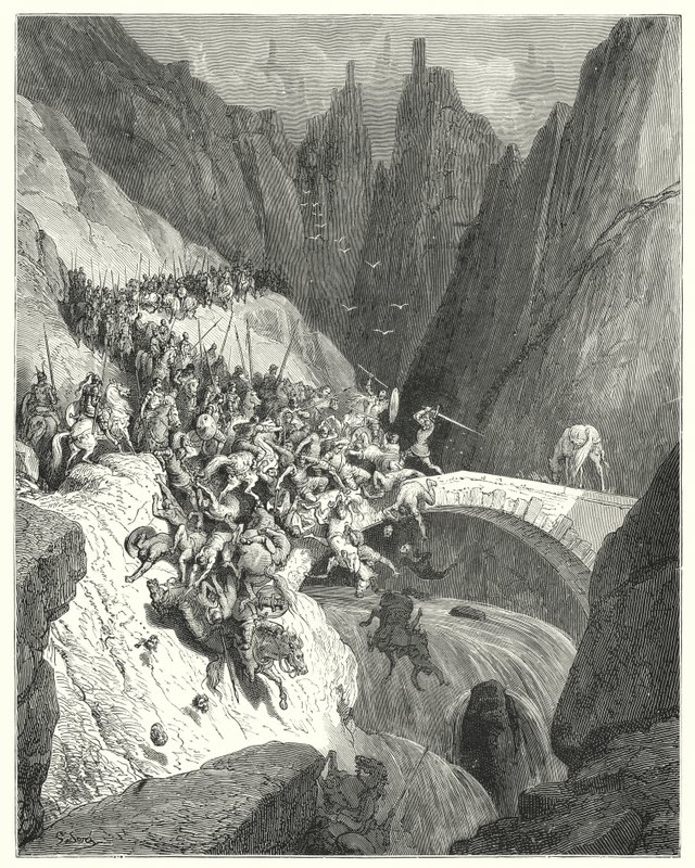 Gustave Doren Don Quijote: "Kuinka Don Diego Garcia puolusti yhdellä voimallaan sillan kulkua suurta armeijaa vastaan" (kaiverrus) tekijältä Gustave Dore