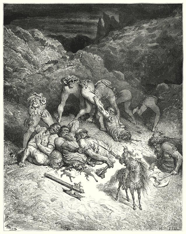 Gustave Doren Don Quijote: "Kuinka Felixmarte katkaisi viisi jättiläistä keskeltä" (kaiverrus) tekijältä Gustave Dore
