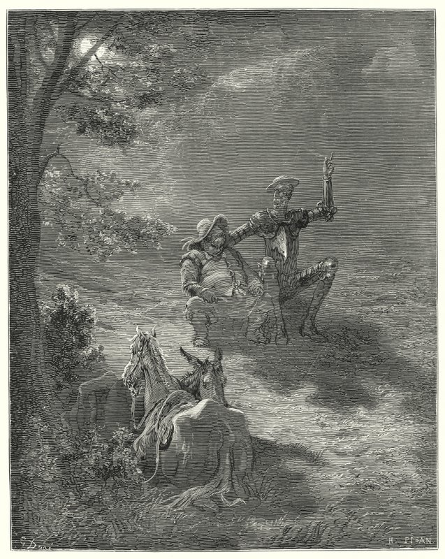 Gustave Doren Don Quijote: "Tällaisissa keskusteluissa he viettivät suuren osan yöstä" (kaiverrus) tekijältä Gustave Dore
