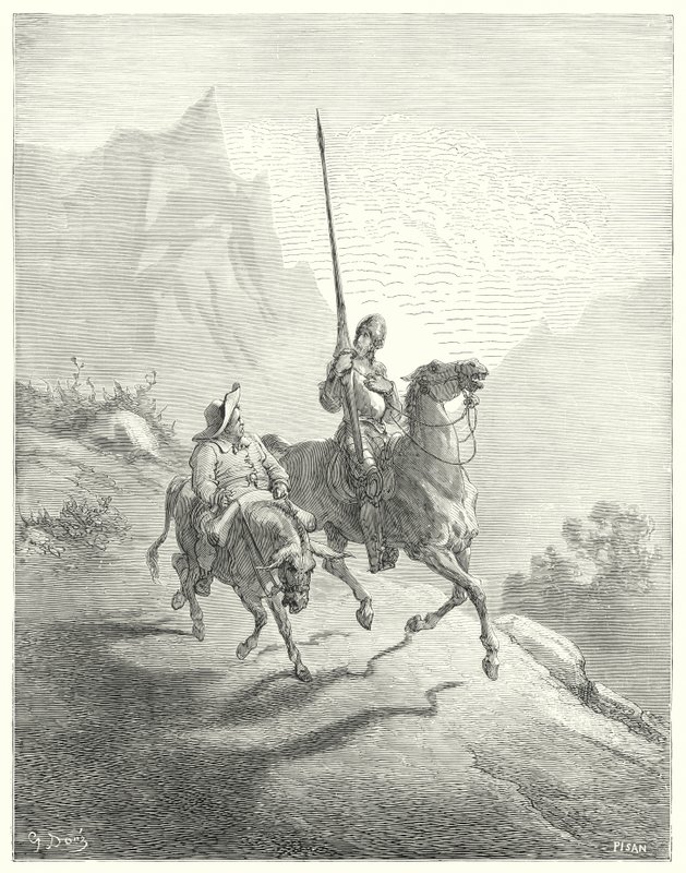 Gustave Doren Don Quijote: "Oli vielä aikainen aamu, jolloin auringonsäteet eivät olleet niin loukkaavia" (kaiverrus) tekijältä Gustave Dore
